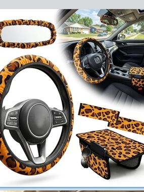 Leopard Print Kids Steering Wheel Cover & Car Accessory Set - Orange